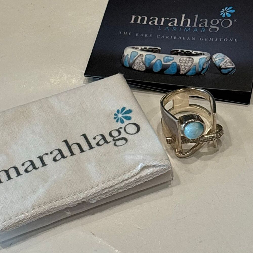 Marahlago Larimar Dante Sterling silver white topaz sculpture ring Sz 8 - Picture 10 of 12